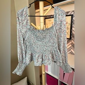 Shinestar Ruffle Floral Print Long Sleeve Crop Top, Light Blue Size Large